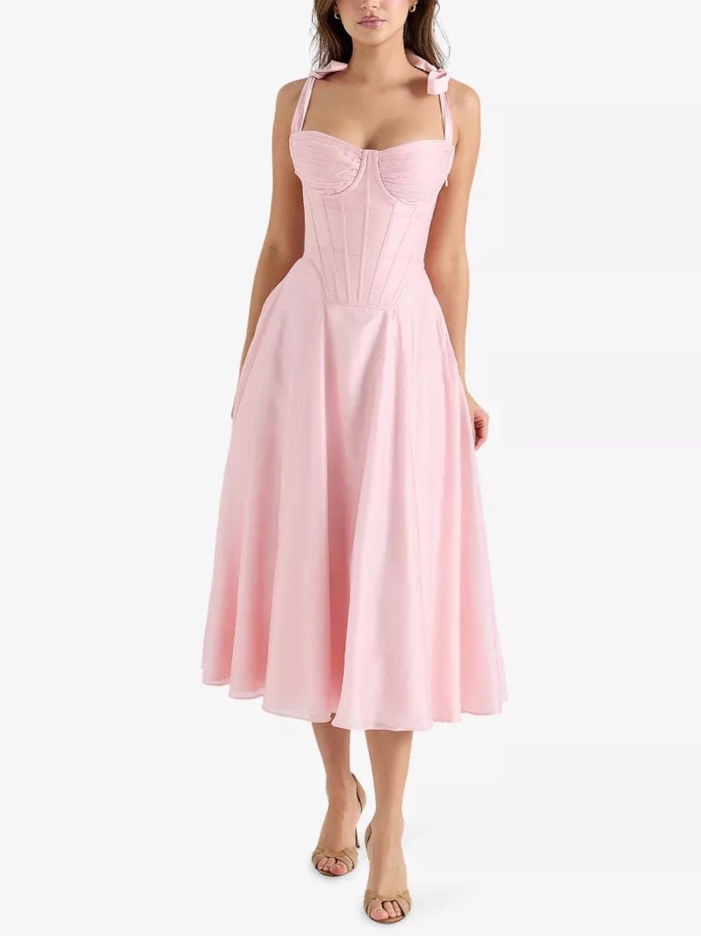 NEW NWT House Of CB Leia Bustier Pink Chiffon Tie Strap Midi Dress Pink Dogwood